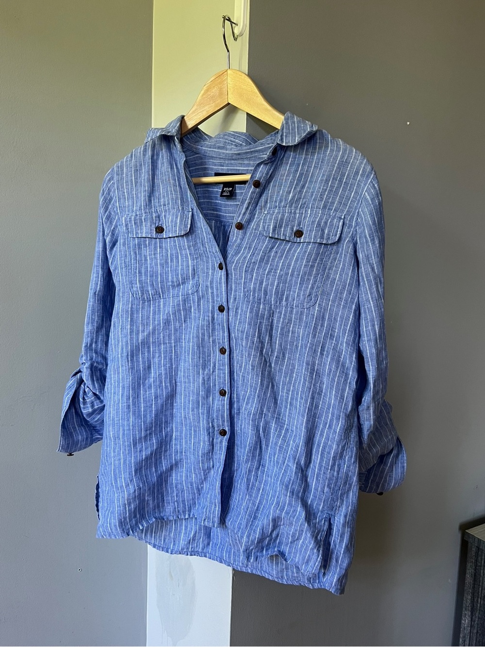 Lands' End Blue Striped Casual linen Button-Down Shirt